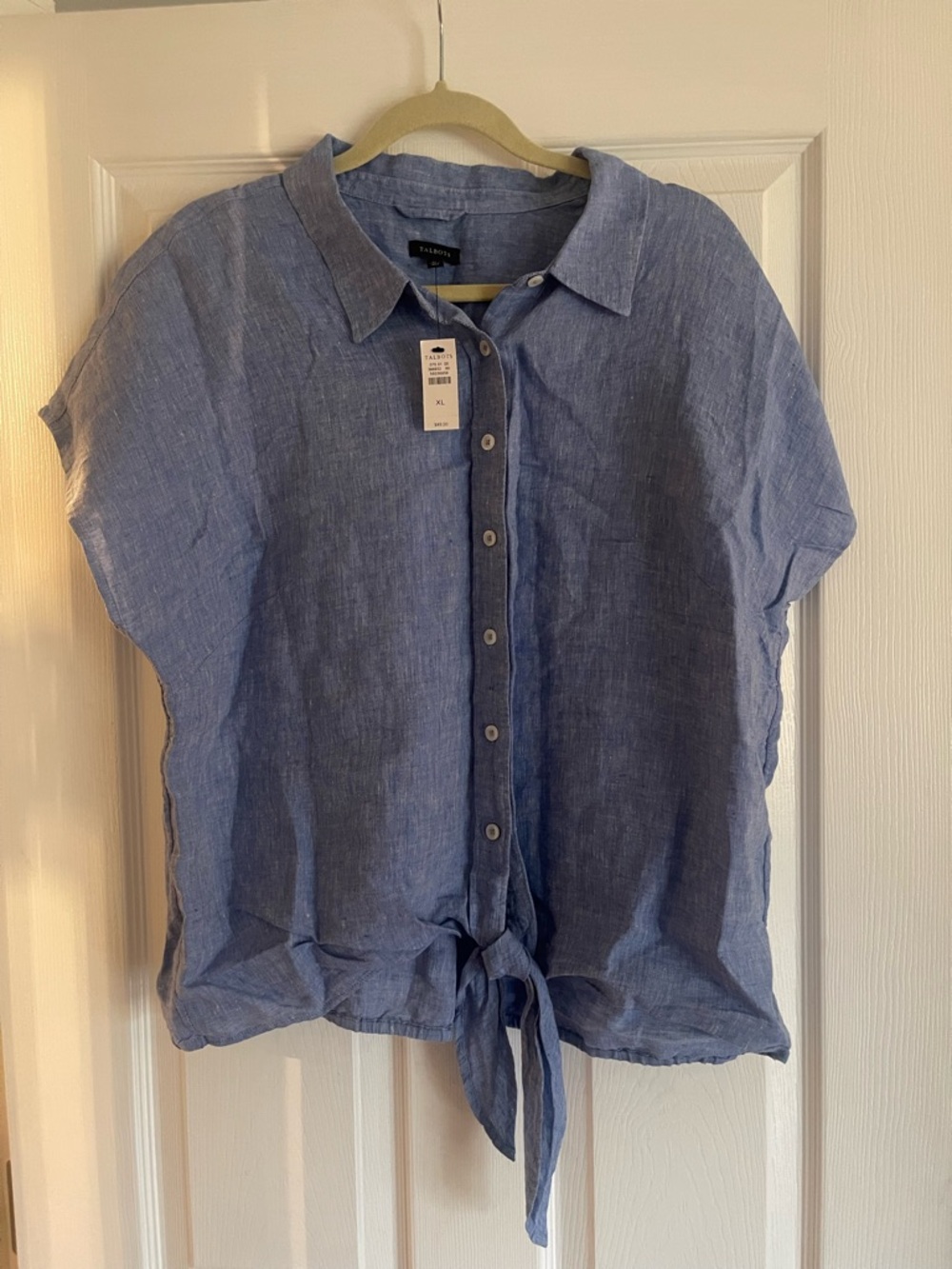 Talbots Blue Short-Sleeve Linen Button-Down with Front Tie
